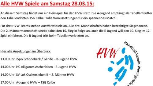 HVW Spielansetzungen vom Samstag 28.03.15
